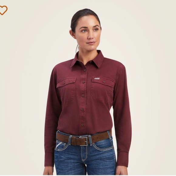 Ariat Rebar Women Medium Western Cowboy Burgundy Button Down LS Shirt Embroidery - Picture 13 of 13